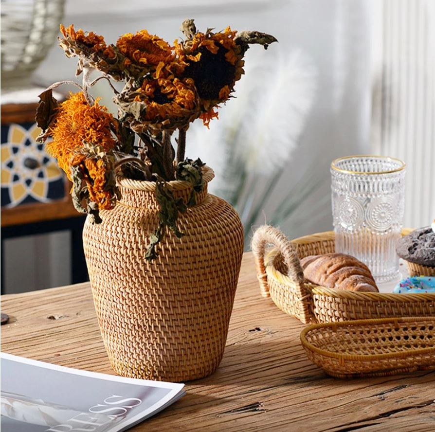 TB&W Pot de fleur mural en osier, Vase suspendu en rotin tissé, décor